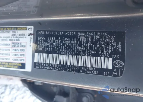 2008 Toyota Corolla Le из США, поврежденный, VIN 2T1BR32E68C864822